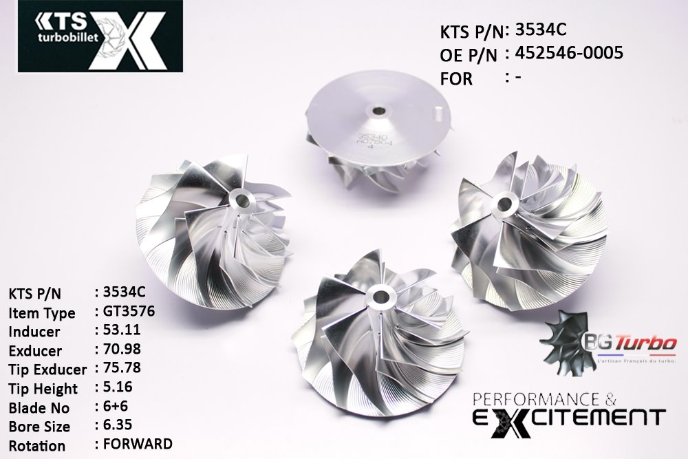 Turbo ROUE FORGÉE MFS PERFORMANCE - 6+6 PALES - INDUCER : 53,11 - EXDUCER : 70,98 - TYPE : GT3576ANGLE : 55° - ROTATION : Forward - SUPER BACK : 2,32 - BORE SIZE : 6,35
